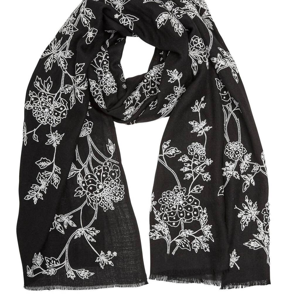 NEW JANAVI women's beaded floral scarf in black white